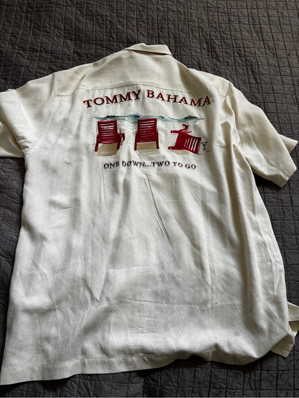 Tommy Bahama Cream Short Sleeve Resort Shirt Red Chair Embroidery medium